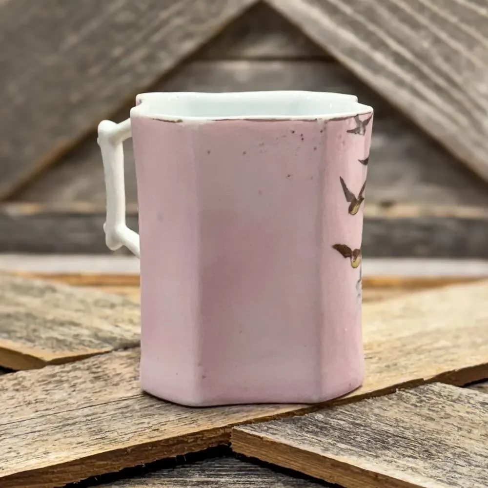 19th Century Victorian Pink Bone China Wishbone Handled Cup w/ Winter Landscape